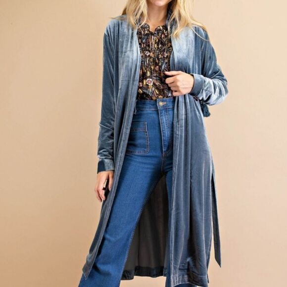 Dark Teal Velvet Boho Lace Up Tassel Sleeve Belted Open Cardigan Jacket - Picture 1 of 16